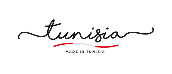 Fototapeta na wymiar Made in Tunisia handwritten calligraphic lettering logo sticker flag ribbon banner