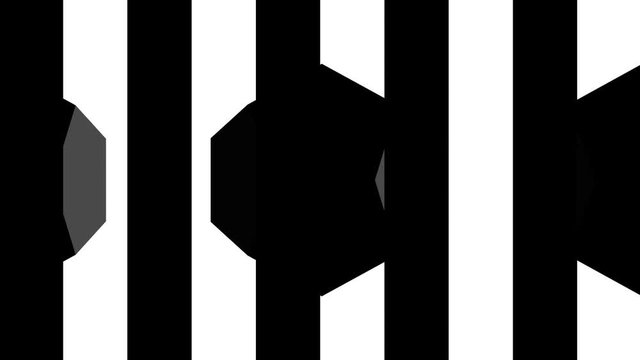 Wonderful 3d rendering of many straight and parallel lines flashing and changing directions with, balls, squares, triangular inside of them in a center.