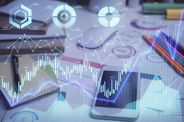 Double exposure of forex graph drawing and cell phone background. Concept of financial data analysis