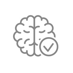 Brain with tick checkmark line icon. Healthy internal organ symbol