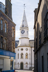 Vertical photo of Campbeltown clock tower. Kintyre peninsula, Scotland.