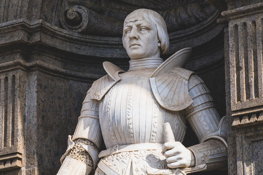 King Alfonso V Of Aragon, Statue Of Achille D'Orsi 1800 On The Facade Of The Royal Palace, Naples, Italy