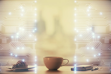 Double exposure of tech theme hologram over coffee cup background in office. Concept of technlogy