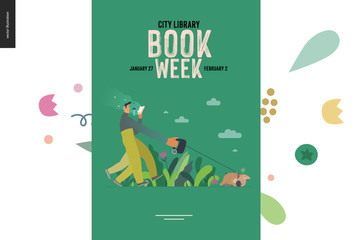 World Book Day graphics, dog walk poster template, book week events. Modern flat vector concept illustrations of reading people -a man reading a book with enthusiasm, walking a bulldog pulling a leash