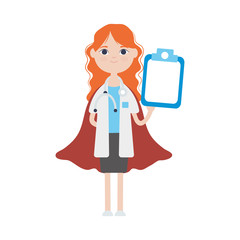 hero doctor woman holding a clipboard icon, flat style