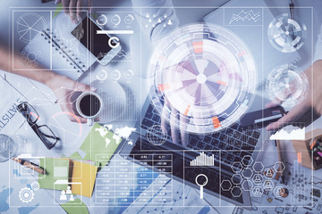 Double exposure of man's hands typing over computer keyboard and data theme hologram drawing. Top view. Technology concept.