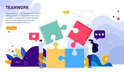 Illustrated teamwork theme and people putting together puzzle. Vector illustration