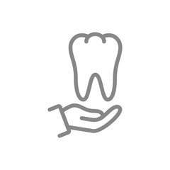 Human tooth on hand line icon. Healthcare, medical treatment, disease prevention symbol