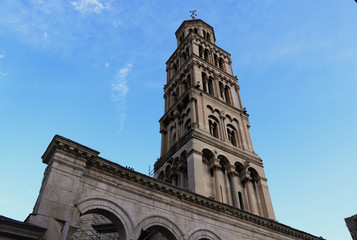 Fototapeta na wymiar Tower of Church of Our Lady of the bell tower in Split Croatia. Wonderful National Historic Landmark from middle age. Gothic, Baroco. Historic monument