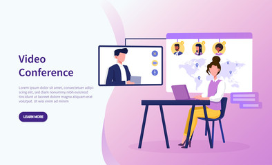Illustrated video conference theme and people in online call. Vector illustration