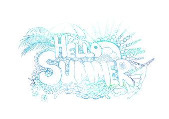 Hello summer. Abstract text. Sun, sea, palm trees. Vector illustration