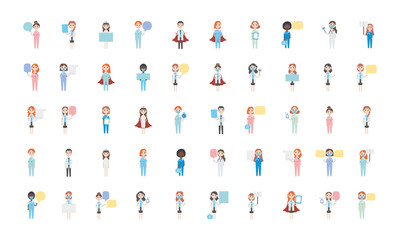 cartoon women and men doctors and medical staff icon set, flat style