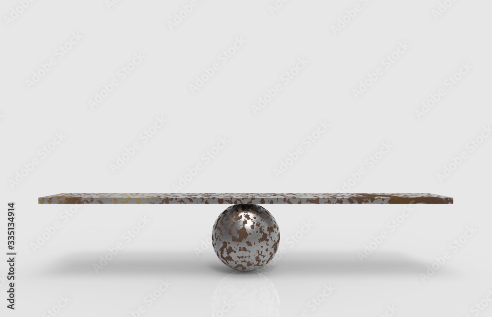 Wall mural 3d rendering. empty blank rustic metal sphere balance scale on white background.