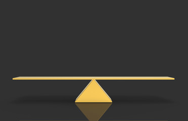 3d rendering. Empty blank golden triangle balance scale with clipping path on dark gray background.