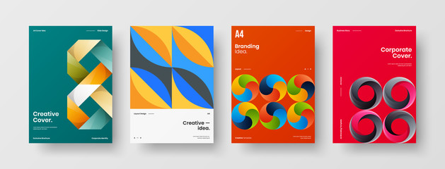 Naklejka premium Company identity brochure template collection. Business presentation vector A4 vertical orientation front page mock up set. Corporate report cover abstract geometric illustration design layout bundle.