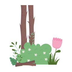 flowers bush wood trunk trees isolated icon design