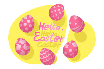 Vector 3D illustration of pink Easter eggs with a patterns in the form of triangles, circles, hares, rabbits, stripes, stars and flowers. The eggs are in the air. With handwritten text Hello Easter.