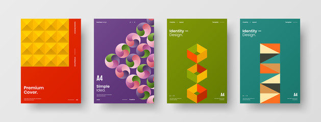 Company identity brochure template collection. Business presentation vector A4 vertical orientation front page mock up set. Corporate report cover abstract geometric illustration design layout bundle.