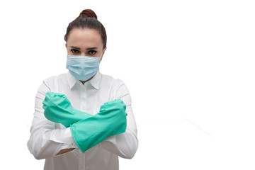 Doctor or nurse close-up on a white background isolated in a mask and gloves. Stop COVID-19