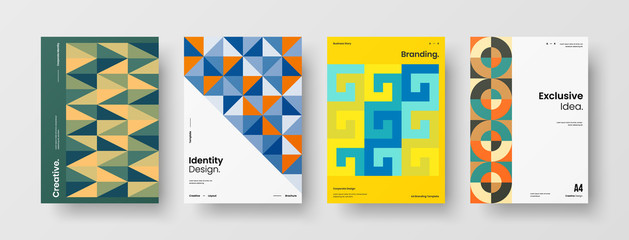 Fototapeta premium Company identity brochure template collection. Business presentation vector A4 vertical orientation front page mock up set. Corporate report cover abstract geometric illustration design layout bundle.