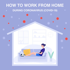 Work remotely to prevent spread of COVID-19, A young woman using laptop computer in her home, Vector