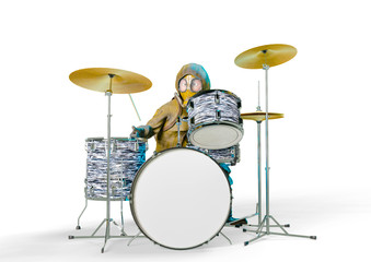 Fototapeta na wymiar radioactive cartoon is playing drum in white background