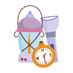 camping lantern and compass equipment cartoon