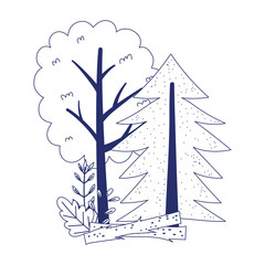 camping trunks bushes foliage vegetation cartoon line style