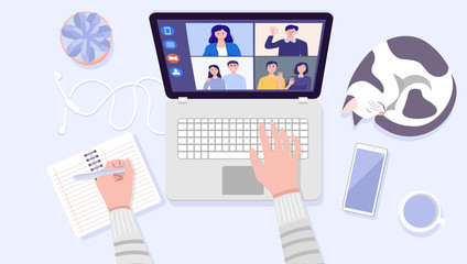 Top view of man's hands using laptop for Video Conferencing at home. Vector