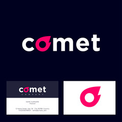 Comet logo. Letters and icon.  Letter O like red comet. Internet, games, marketing, delivery icon. Business card.