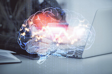 Double exposure of woman on-line shopping holding a credit card and brain hologram drawing. Data E-commerce concept.