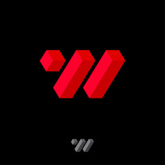 W letter logo. Red W monogram consist of volume elements. 3D illusion. Web icon.
