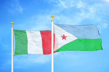 Italy and Djibouti two flags on flagpoles and blue cloudy sky