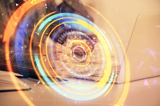 Multi exposure of woman on-line shopping holding a credit card and tech theme drawing. Technology concept.