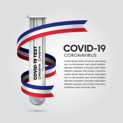 Flag of France waving in the wind with a Covid-19 (pandemic) blood test tube. 3D illustration concept for blood testing for diagnosis of the new Corona virus.