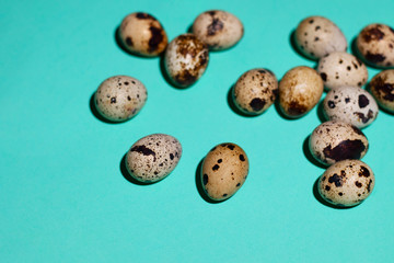 Quail eggs lie randomly on a gently green background. Photo taken close. Conceptual photo for Easter and any of your original designs.