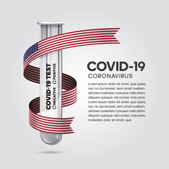Flag of United States waving in the wind with a Covid-19 (pandemic) blood test tube. 3D illustration concept for blood testing for diagnosis of the new Corona virus.