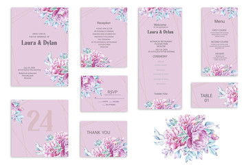 Botanical wedding invitation card template design, purple peonies and leaves on light purple background, vintage style. Wedding invitation templates. Banners decoration, romantic watercolor objects