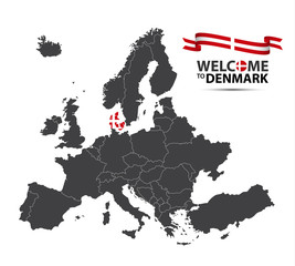 Illustration of a map of Europe with the state of Denmark in the appearance of the Danish flag and Danish ribbon isolated on a white background