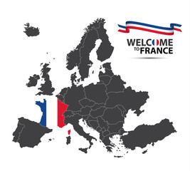 Fototapeta premium Illustration of a map of Europe with the state of France in the appearance of the French flag and French ribbon isolated on a white background