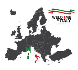 Illustration of a map of Europe with the state of Italy in the appearance of the Italian flag and Italian ribbon isolated on a white background
