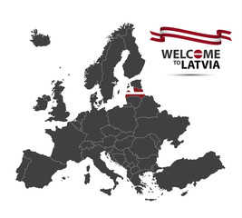 Illustration of a map of Europe with the state of Latvia in the appearance of the Latvian flag and Latvian ribbon isolated on a white background