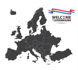 Illustration of a map of Europe with the state of Luxembourg in the appearance of the Luxembourgish flag and Luxembourgish ribbon isolated on a white background