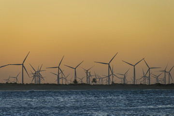Turbines of wind power on the sunset on the beach