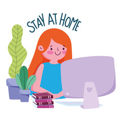 stay at home, young woman with computer and book quarantine prevention, covid 19