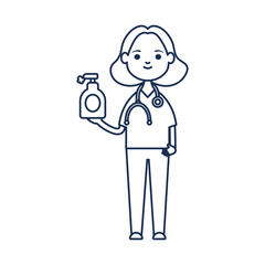 doctor woman with mouthmask and holding a antibacterial gel bottle, line style