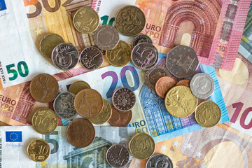 money euro coins and banknotes. economic crisis. EU