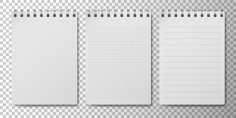 Realistic 3D notepad or notebook set with clean white empty papper page isolated on transparent background. Memo spiral note pad with lined and squared page templates. Vector illustration