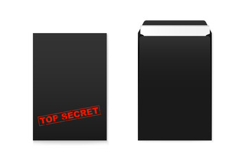 Vector mockup set of Black a4 paper envelope with red top secret stamp. Dark vertical postage closed and open cover template. 3d illustration for your corporate identity design. Back and front view