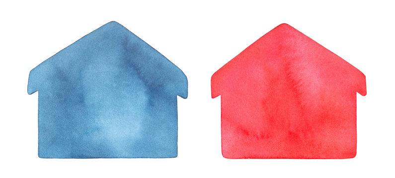 Watercolor illustration set of house shape in blue and red colors. Nice background to write any text, quote or message. Hand drawn watercolour graphic drawing on white, cutout art element for design.